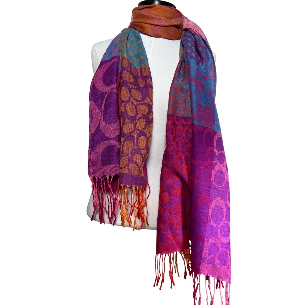 Y2K Coach Patchwork Signature Logo Scarf Purple Pink Orange Blue Fringe Jacquard